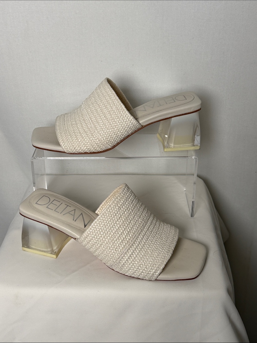 DELTAN Fae Cream Woven Raffia Clear Block Heel Slide Mules Sandals